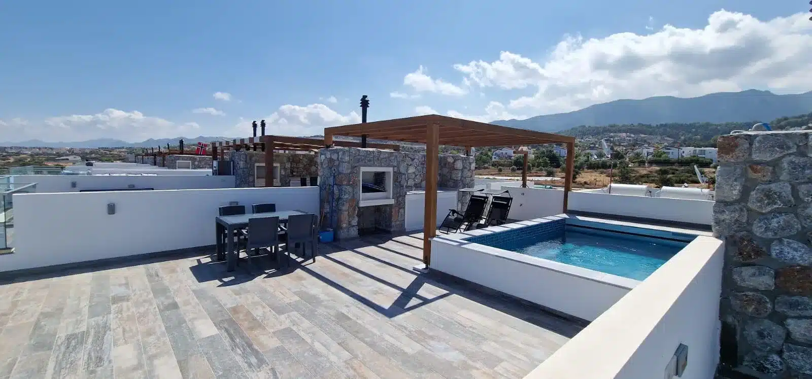 Dachterrasse mit kleinem Pool, Liegen und überdachtem Sitzbereich unter blauem Himmel