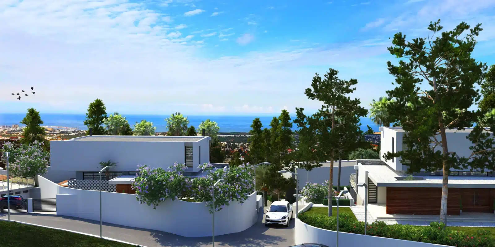 Rendering der Außenanlagen und der Blickrichtung zum Mittelmeer im Villenprojekt nahe Bellapais