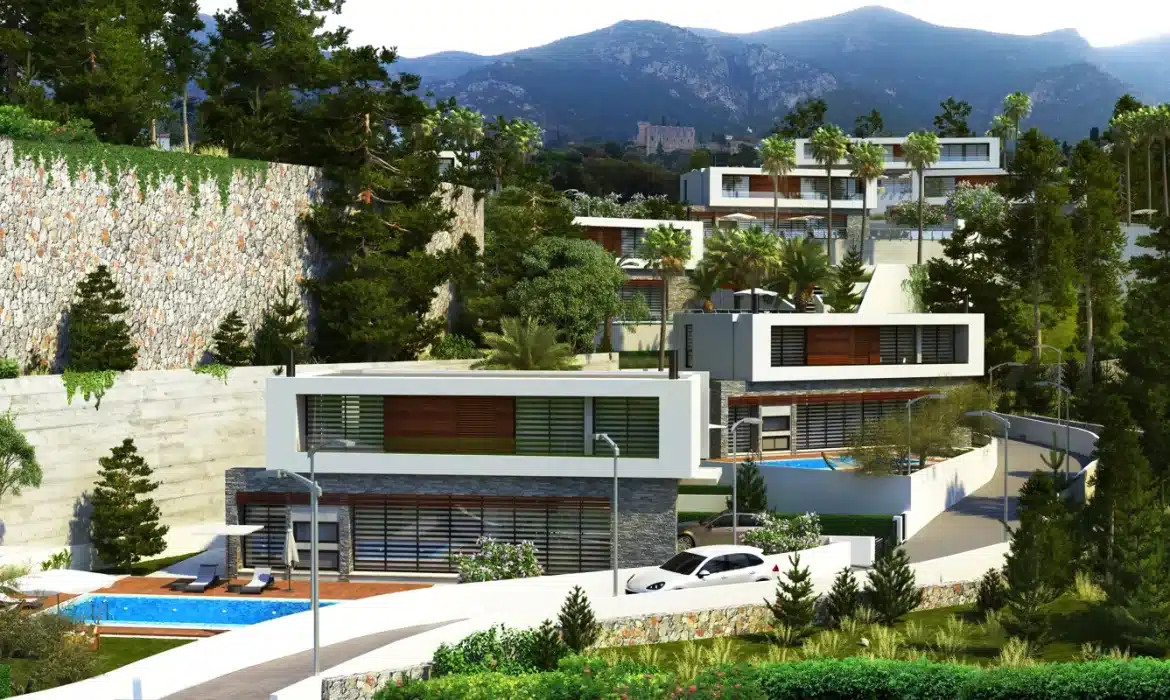 Luxus Villa Zypern: Projektvisualisierung moderner Villen mit privaten Pools in Ozanköy nahe Bellapais