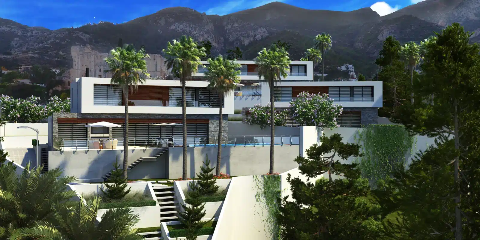 Moderne Luxusvilla in Nordzypern mit großen Terrassen und Bergkulisse im Projekt bei Bellapais