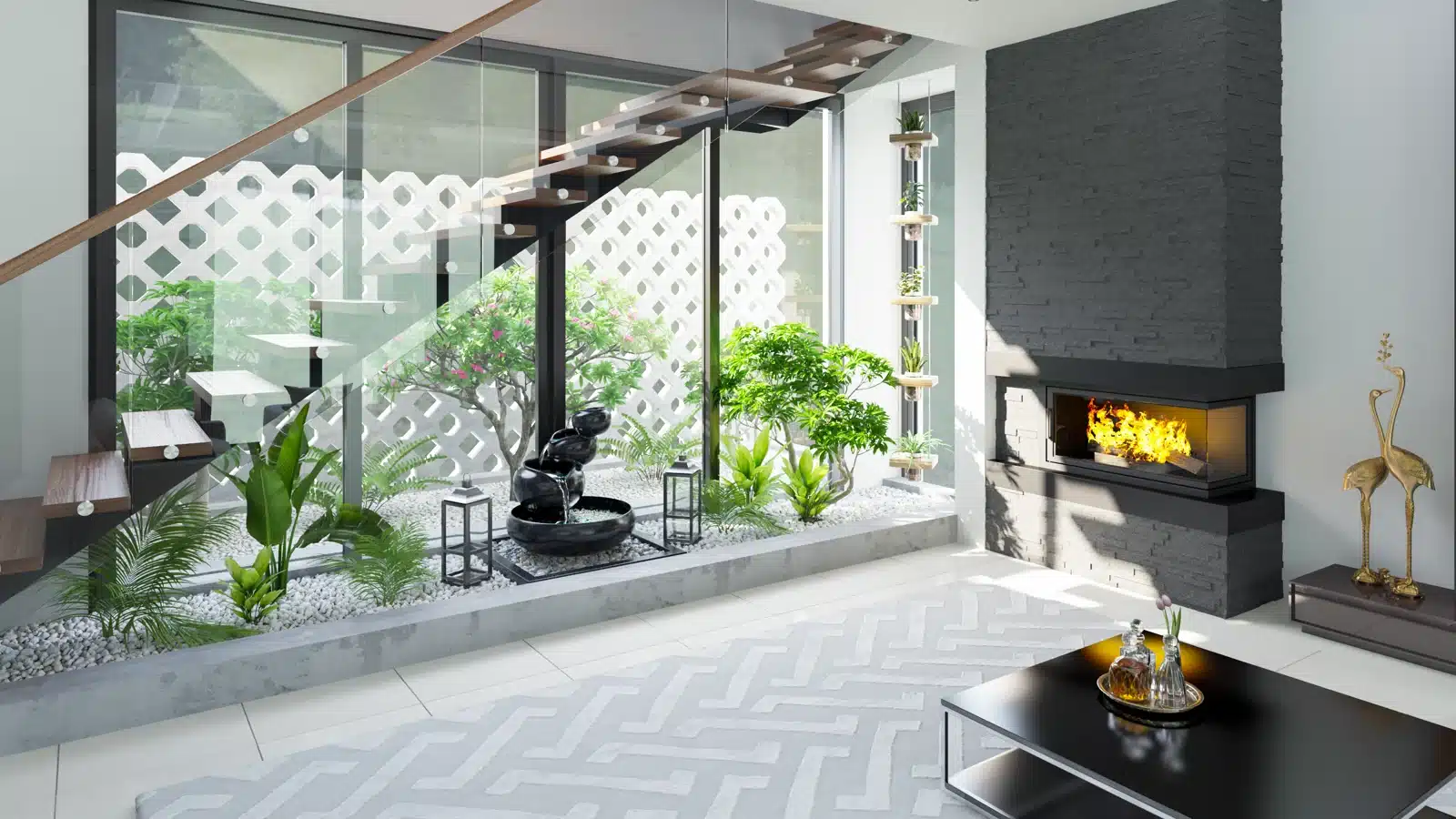 Rendering der Treppe mit bepflanztem Innenhof in der Luxusvilla in Nordzypern