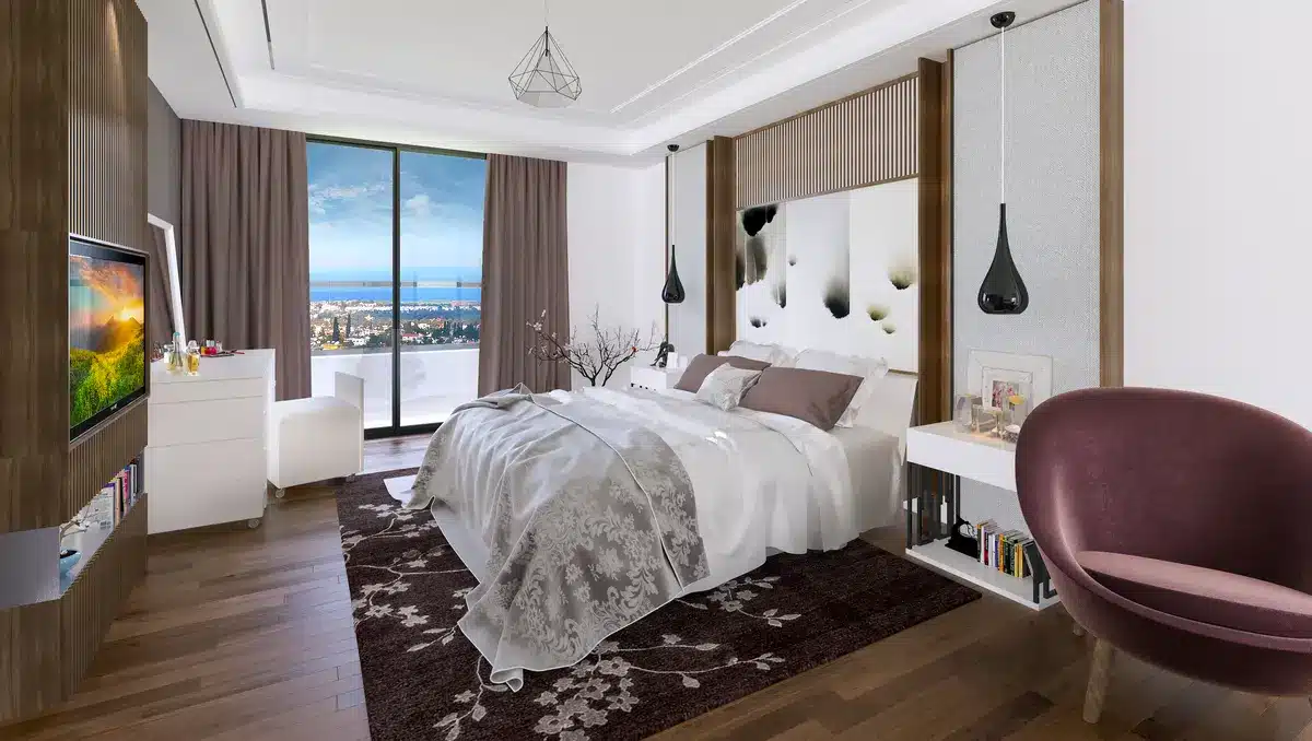 Schlafzimmer mit Meerblick in der geplanten Villa bei Girne